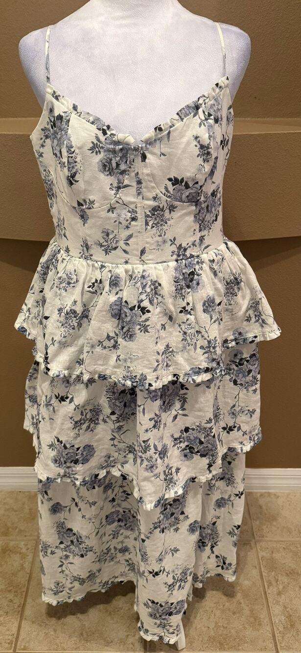 House of Harlow 1960 Dress Ruffle Tiered Floral Motif Blue White Size M